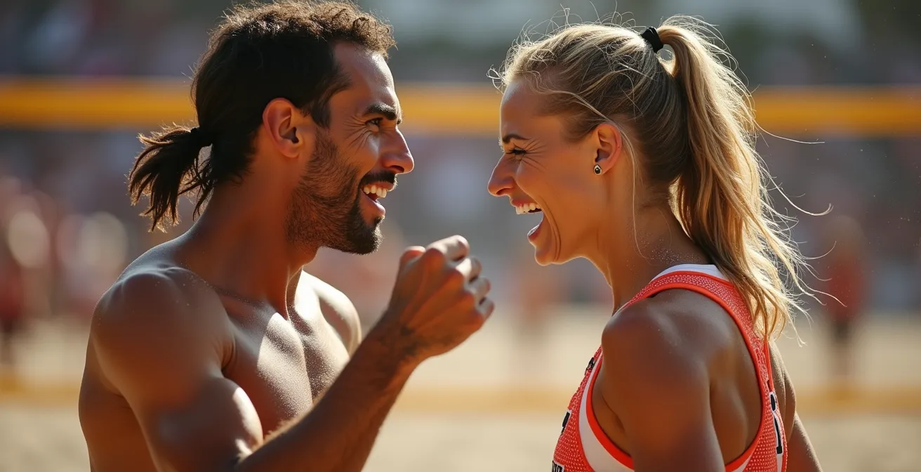 Deux joueurs de beach volley face à face après un point décisif, langage corporel intense