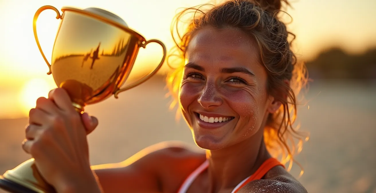 Joueur de beach volley brandissant un trophée sur le sable doré au coucher du soleil