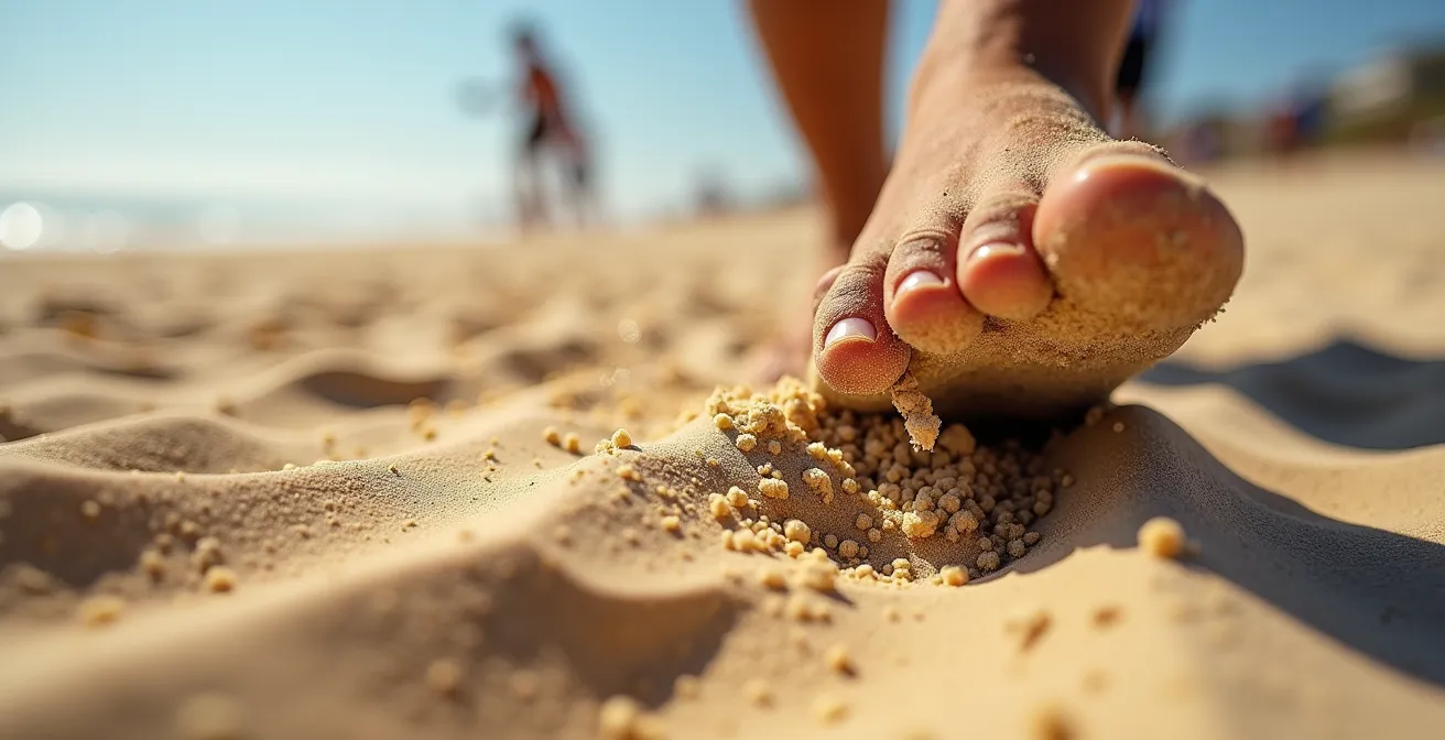 Gros plan macro sur le sable de Huntington Beach avec grains angulaires visibles et pied d'athlète s'enfonçant
